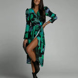 Autumn Vintage Floral Print V-neck Lace Up Dress Women Sexy Elegant Fashion Irregular High Slit Dresses Long Sleeve