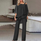 Women Straight Long Pants Outfits Casual Off Shoulder Ruffled Irregular Party Suit Spring Office Commuting Two Piece Set