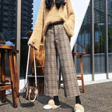 Vintage Harajuku Woolen Plaid Wide Leg Pants Women Streetwear Autumn Winter High Waist Straight Trousers Korean Y2k