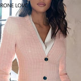 Women Elegant V Neck Pocket and Button Long Sleeves Formal Fragrant Breeze Mock Two-Piece