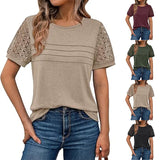 New Women's Round Collar Casual T Overalls Solid Color Lace Sleeve