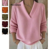 Wear Autumn And Winter New Solid Color V-Neck Knitting Shirt Women Loose Thin Knitting Jacket Thick