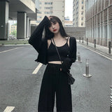 Women 3pcs Sets Cropped Single-Breasted Cardigan Elastic HIgh Waist Drawstring Soft Breathable Wide Leg Pants Casual Female