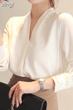 Spring V-neck Womens Tops Long Sleeve Chiffon Blouse Summer New White Female Korean Tops Wild Loose Office Lady