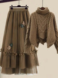 Winter Vintage Two Piece Sets Women Outfit Ladies Warm Thick Twist Turtleneck Knitted Sweater+mesh Skirt Set Women