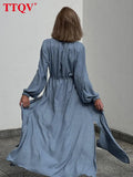 Sexy V-Neck Blue Midi Dress Ladies Bodycon Fashion Long Sleeve Slit Dress Elegant Single-Breasted Dresses For Women