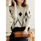 Winter O Neck Diamond Patchwork Loose Casual Sweater Ladies All-match Pullover Top Women Elegant Fashion Simple