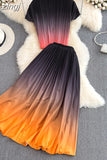 Women Pleated Two Piece Set Vintage Stand Collar Short Sleeve Draped Tops + High Waist Stretchy A-Line Skirt Suit