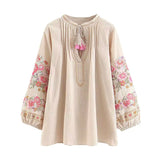 Queens Vintage Chic Women Bohemian Tassel Beach Floral Embroidery Linen Cotton Blouse Loose Boho Shirts