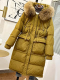 Winter Women's Long Puffer Jacket 2023 Big Real Raccoon Fur Hooded Duck Down Coat Female Rain Feather