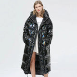 degrees Waterproof Thick Winter Super Long Down Coat Women Puffer Jacket Shiny Laser 90% White Duck Down Jacket Hooded