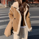 Aesthetic Long Sleeve Padded Jackets Women y2k Style Wool-lined Winter Warm Loose Cardigan Coat Windproof