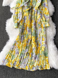 Autumn Bohemian Floral Pleated Long Dress Women Elegant Bow Collar Puff Sleeve Draped Chiffon Vestidos Female Party