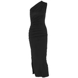Zingj Summer New Oblique Shoulder Solid Color Open Slit Sleeveless Sexy Temperament Slim Dress