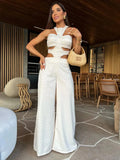 New Summer Solid Women Jumpsuit Sleeveless O-neck Naked Waist Wide Leg Long Pant Bodysuit Fashion Fit Casual