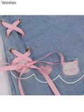 Harajuku Lolita Style Denim Shorts Girly Sweet Cute Cartoon Piggy Embroidery Bow Bandage Short Pants Women Kawaii