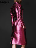 Spring Autumn Long Shiny Reflective Patent Leather Trench Coat for Women Belt Double Breasted Cool European Fashion