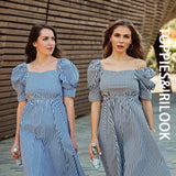 Sexy Square Collar Striped Midi Dresses Shot Puff Sleeve Summer Dresses Women Elegant A-line