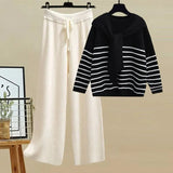 Winter Knitwear Two Piece Sets For Women Outfits Korean Casual Striped Knitted Sweater And Wide Leg Knitting Pants