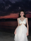 New Fashion Women Sexy Pleated Boho Long Dress Vacation Beach Strap A line Ladies Robe 2023