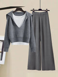 Winter Women Clothing Korean Casual Vest+knitted Sweaters+wide Leg Knitting Wide Leg Pants Sets Ladies Warm Knitwears