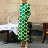 Casual Dot Print Commuter Maxi Dress Fashion Long Sleeve A-line Dress Elegant Ladies Standing Neck Pocket Straight