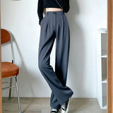 Thin Women Wide Leg Pants Summer High Waist Elastic Office Lady Loose Trousers Vintage Korean Solid Straight Pants