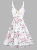 Ring Flower Print Midi Dress Casual Vacation Sleeveless Sexy Mujer Vestidos Straps