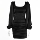 Satin Women Mini Dress Solid Lantern Long Sleeve Square Collar Ruched Bodycon Sexy Dresses Party Autumn Club