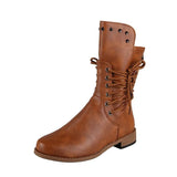 New British Style Knight Boots Ladies Autumn Solid Color Lacing Fashion Boots Women Plus Size Rivet Leather Botas Mid