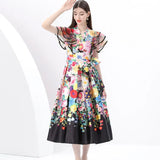 Style V Tie With Belt Mesh Yarn Leaves Side Splicing Large Swing Printing Long Dress 2025