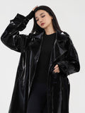 Spring Autumn Long Shiny Reflective Patent Leather Trench Coat for Women Sashes Luxury Designer Runway European