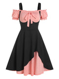 Shoulder Bowknot Faux Twinset Dress Open Shoulder 2 in 1 Twofer