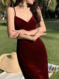 Women Sexy Velvet Spaghetti Strap Bodycon Dress Femme Split High Waist Midi Dress Evening Party