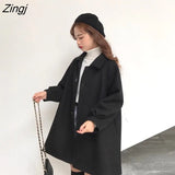 Blends Women Khaki Fall Retro Single Breasted Pure Wide-waisted Lantern Sleeve Lady Coats Casual Clothing All-match
