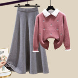 Knitted Two Piece Set Womens Outfits Korean Casual Turn Down Collar Long Sleeve Embroidery Knitted Sweater+skirts