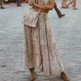 Queens Women Beach Bohemian Leopard Print Fold Design Skirts High Elastic A-Line Boho Maxi Skirt