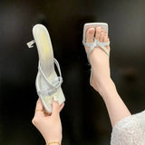 French-Style Toe-Slips Fine Heel Slippers Women Wearing Cool Slippers Square Head High