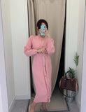 Elegant O-neck Single-breasted Women Solid Sweater Dress OL Style Long Sleeve Belted Knitted Mid-length Dress