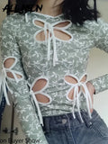 Vintage Butterfly Hollow Out Bandage Long Sleeve T-shirts Streetwear 90s Print O-neck Green Tops Y2K Fashion