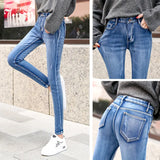 Jeans Pants For Women clothes Winter Blue Light blue Solid Skinny Fleeces Thick Pencil Pants with Velvet Denim