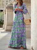 New Women's Printed Short Sleeved Dress with Waist Lace Up Long Large Swing Skirt Bohemian Style Fake Women's Dress