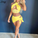 Summer White Bodycon 2 Two Piece Skirts Sets Women Matching Sets Halter Sleeveless Crop Top And Bandage Mini Dress