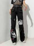SUCHCUTE Gothic Bandage Women Baggy Jeans Punk Style Egirl Black Denim Trousers Y2K Dark Academia Hight Waist Streetwear
