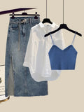 Outfits For Women 2023 Fashion Sling Vest+long Sleeve Sunscreen Shirt+side Split Denim Skirts Sets Korean 3 Piece
