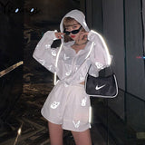 Women Tracksuits Long sleeve butterfly reflective loose breathable hooded Top and Sexy Hip Hop shorts Pants 2pcs Set Glow