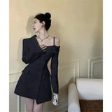 Elegant Suit Mini Dress Women Off Shoulder Irregular A Line Dresses Korean Office Lady Button Slim Chic Blazer