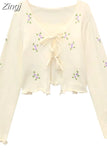 Cardigan V Neck Lace-up Korean Fashion Two Piece Sets Camis Solid Women Y2k Short Length Floral Mori Girl Style Crop
