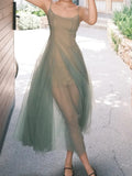 Summer New Temperament Slim Comfortable Design Small Fashion Art Green Dress Two Sets Of