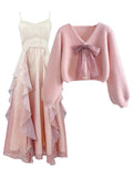 Two Piece Sets Womens Sweet Outfit For Women Temperament Pink Knitted Sweater+ Ruffles Patchwork Straped Fairy Dress